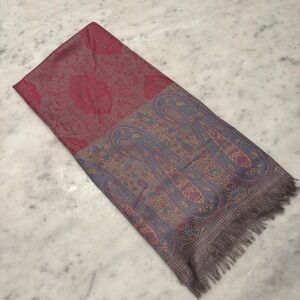 Paisley Shawl Scarf Wrap Large Pink Blue Gold Metallic Fringe